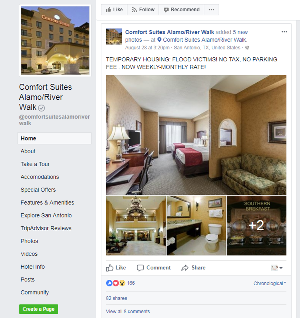 comfort suites hurrican relief facebook post